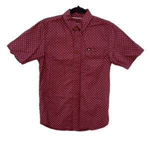 Obey Geometric Print Short Sleeve Button Up Shirt Mens Sz S Red Burgundy